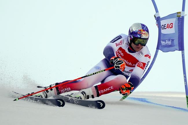 France's Alexis Pinturault competes in an alpine ski, men's World Cup giant slalom, in Hinterstoder, Austria, Monday, March 2, 2020. (AP Photo/Giovanni Auletta)