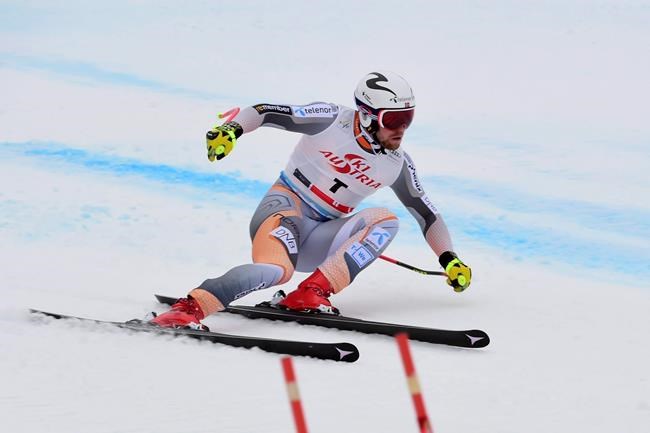 Norway's Aleksander Aamodt Kilde competes in an alpine ski, men's World Cup Super G, in Saalbach-Hinterglemm, Austria, Friday, Feb. 14, 2020. (AP Photo/Marco Tacca)