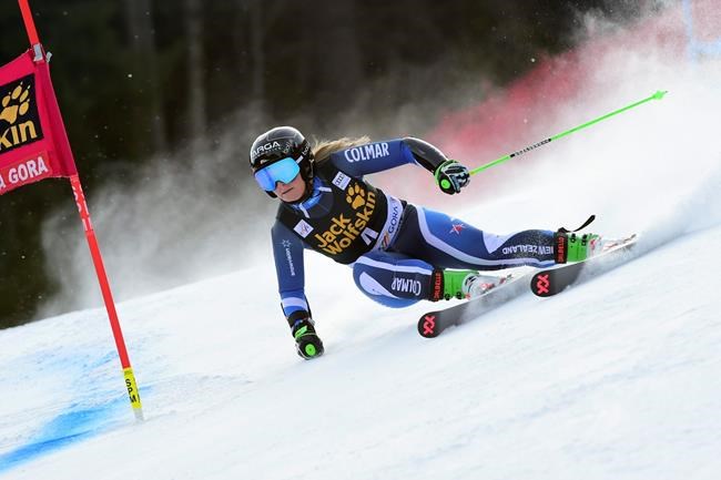 New Zealand's Alice Robinson competes in an alpine ski, women's World Cup giant slalom, in Kranjska Gora, Slovenia, Saturday, Feb. 15, 2020. (AP Photo/Marco Tacca)