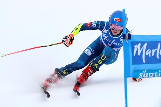 United States' Mikaela Shiffrin competes during an alpine ski, women's World Cup giant slalom, in San Vigilio di Marebbe, Italy, Tuesday, Jan. 26, 2021. (AP Photo/Alessandro Trovati)