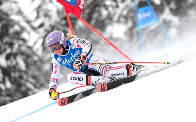 France's Tessa Worley competes on her way to win an alpine ski, women's World Cup giant slalom, in San Vigilio di Marebbe, Italy, Tuesday, Jan. 26, 2021. (AP Photo/Elvis Piazzi)