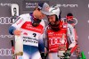 France's Alexis Pinturault, left, winner of an alpine ski, men's World Cup giant slalom, celebrates with third-placed Norway's Henrik Kristoffersen, in Hinterstoder, Austria, Monday, March 2, 2020. (AP Photo/Giovanni Auletta)