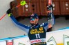 Italy's Dominik Paris celebrates winning an alpine ski, men's World Cup downhill, in Bormio, Italy, Friday, Dec. 27, 2019. (AP Photo/Alessandro Trovati)