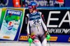Slovakia's Petra Vlhova checks her time at the finish area of the slalom portion of the women's combined race, at the alpine ski World Championships, in Cortina d'Ampezzo, Italy, Monday, Feb. 15, 2021. (AP Photo/Giovanni Auletta)
