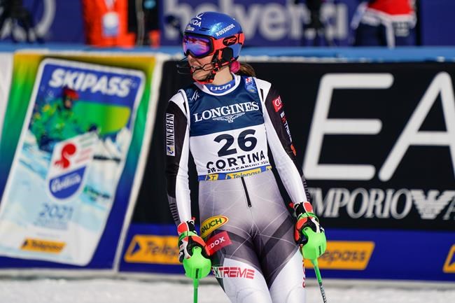 Slovakia's Petra Vlhova checks her time at the finish area of the slalom portion of the women's combined race, at the alpine ski World Championships, in Cortina d'Ampezzo, Italy, Monday, Feb. 15, 2021. (AP Photo/Giovanni Auletta)