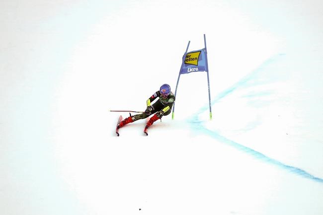 United States' Mikaela Shiffrin competes in an alpine ski, women's World Cup giant slalom, in Lienz, Austria, Saturday, Dec. 28, 2019. (AP Photo/Marco Trovati)