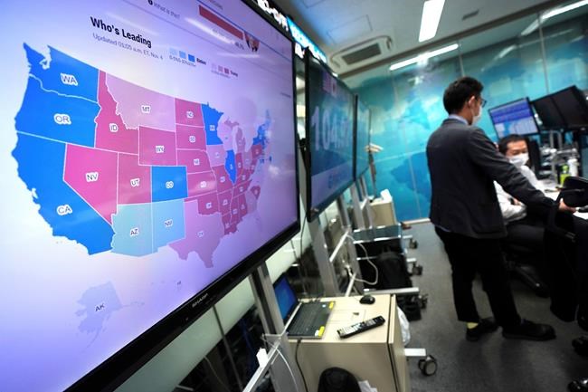 A monitor shows a news program website on the U.S. elections at a foreign exchange dealing company Wednesday, Nov. 4, 2020, in Tokyo. (AP Photo/Eugene Hoshiko)