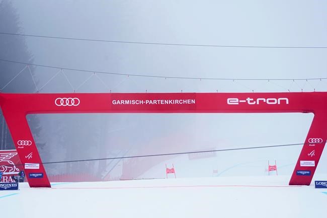 A view of the finish, as an alpine ski, women's World Cup super-G race was postponed because of fog, in Garmisch-Partenkirchen, Germany, Sunday, Jan. 31, 2021. (AP Photo/Giovanni Auletta)