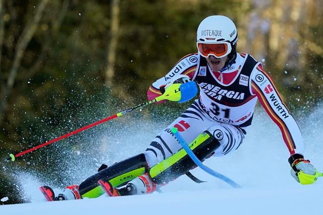 Germany's Linus Strasser competes during an alpine ski, men's World Cup slalom in Zagreb, Croatia, Sunday, Jan. 5, 2020. (AP Photo/Giovanni Auletta)