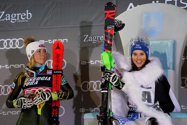 Slovakia's Petra Vlhova celebrates on podium after winning an alpine ski, women's World Cup slalom in Zagreb, Croatia, Saturday, Jan. 4, 2020. At left is runner-up United States' Mikaela Shiffrin. (AP Photo/Giovanni Auletta)