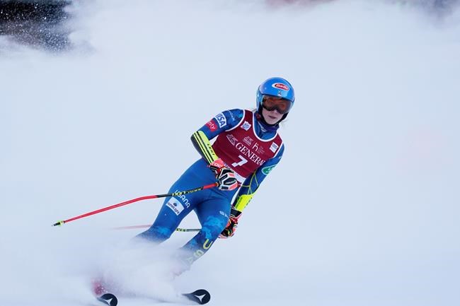 United States' Mikaela Shiffrin reacts after completing an alpine ski, women's World Cup giant slalom, in Kranjska Gora, Slovenia, Saturday, Jan. 16, 2021. (AP Photo/Giovanni Auletta)