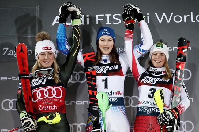 From left, runner-up United States' Mikaela Shiffrin , the winner Slovakia's Petra Vlhova, and third placed Austria's Katharina Liensberger, celebrate on podium after an alpine ski, women's World Cup slalom in Zagreb, Croatia, Saturday, Jan. 4, 2020. (AP Photo/Gabriele Facciotti)