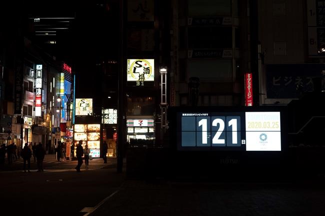 A countdown display shows the remaining days until the Tokyo 2020 Olympics in Tokyo, Wednesday, March 25, 2020. IOC President Thomas Bach has agreed