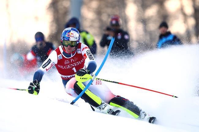France's Alexis Pinturault competes during an alpine ski, men's World Cup slalom in Val d' Isere, France, Sunday, Dec. 15, 2019. (AP Photo/Marco Trovati)