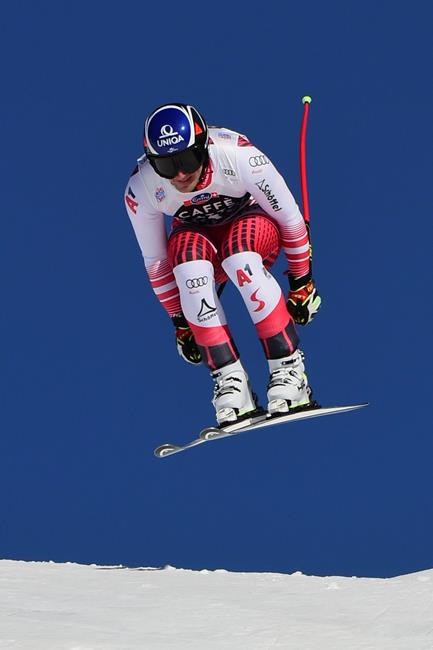 Austria's Matthias Mayer speeds down the slope during training for an alpine ski, men's World Cup downhill in Wengen, Switzerland, Thursday, Jan. 16, 2020. (AP Photo/Marco Tacca)