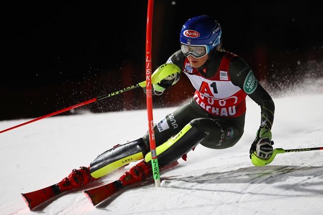 United States' Mikaela Shiffrin competes during an alpine ski, women's World Cup slalom in Flachau, Austria, Tuesday, Jan. 14, 2020. (AP Photo/Marco Trovati)