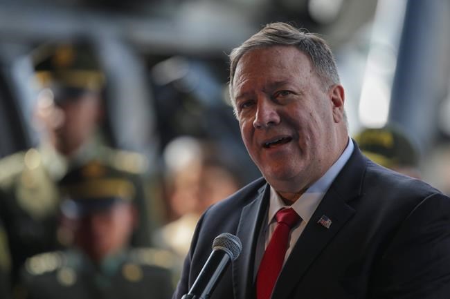 U.S. Secretary of State Mike Pompeo speaks during a visit to an anti-narcotics police base in Bogota, Colombia, Tuesday, Jan. 21, 2020. (AP Photo/Ivan Valencia)