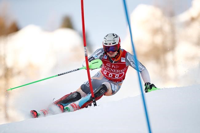 Norway's Henrik Kristoffersen competes during an alpine ski, men's World Cup slalom in Val d' Isere, France, Sunday, Dec. 15, 2019. (AP Photo/Sergio Bisi)