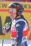 Italy's Sofia Goggia reacts in the finish area after completing an alpine ski, women's World Cup super G in St. Moritz, Switzerland, Saturday, Dec. 14, 2019. (AP Photo/Sergio Bisi)