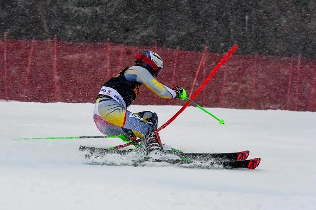 Norway's Henrik Kristoffersen competes during an alpine ski, World Cup men's slalom in Kranjska Gora, Slovenia, Sunday, March 14, 2021. (AP Photo/Marco Tacca)