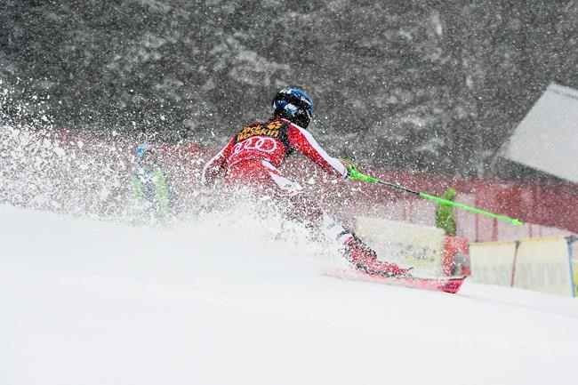 Austria's Marco Schwarz competes during an alpine ski, World Cup men's slalom in Kranjska Gora, Slovenia, Sunday, March 14, 2021. (AP Photo/Marco Tacca)