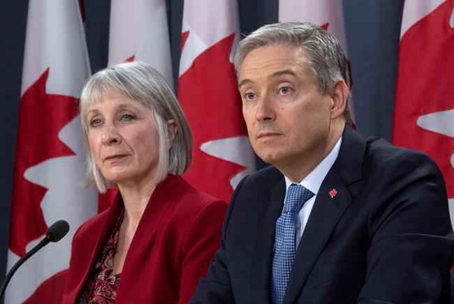 Minister of Foreign Affairs Francois-Philippe Champagne and Minister of Health Patty Hajdu listen to a question from the media during a news conference in Ottawa, Monday March 9, 2020. THE CANADIAN PRESS/Adrian Wyld