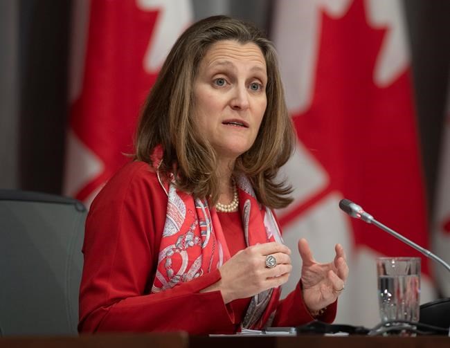 Deputy Prime Minister and Minister of Intergovernmental Affairs Chrystia Freeland is seen during a news conference in Ottawa, Wednesday, April 8, 2020. THE CANADIAN PRESS/Adrian Wyld