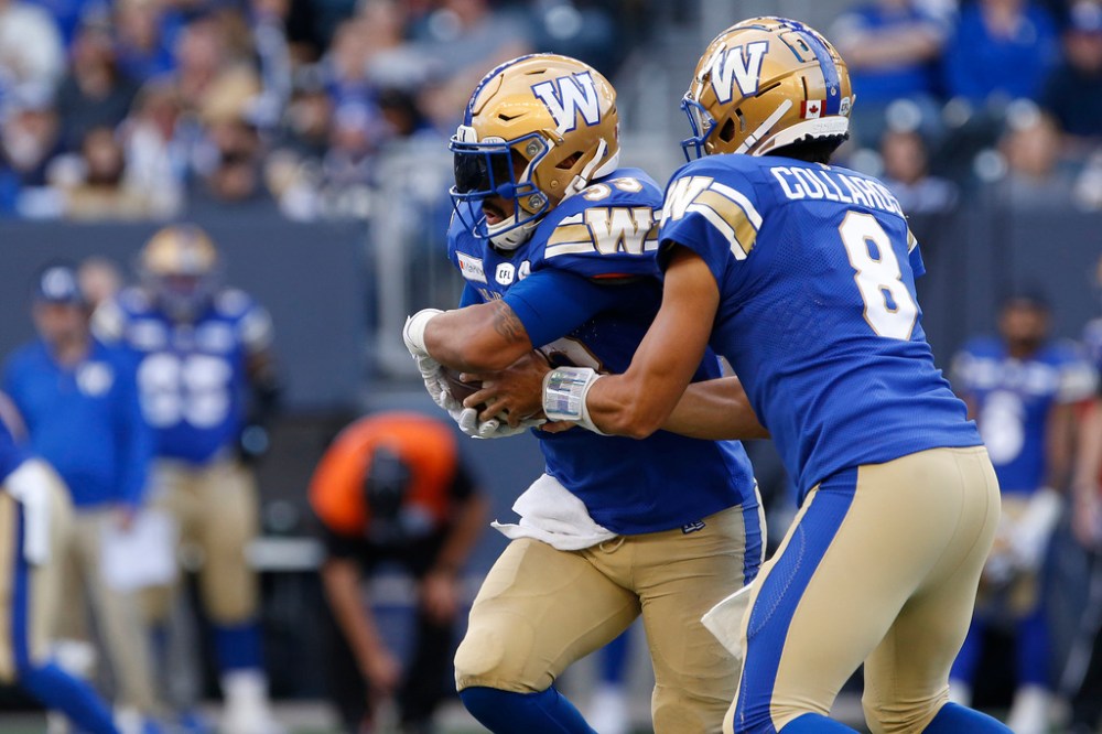 THE CANADIAN PRESS
Running back Andrew Harris carried the ball 17 times for 81 yards and scored a goal-line touchdown in the opening quarter. (John Woods / The Canadian Press)