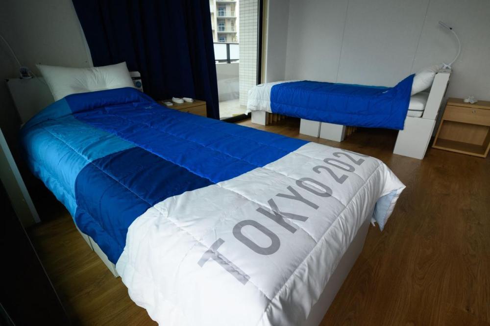 AKIO KON - POOL/AFP via GETTY IMAGES
This file photo taken on June 20 shows recyclable cardboard beds and mattresses for athletes during a media tour at the Olympic and Paralympic Village for the Tokyo 2020 Games.