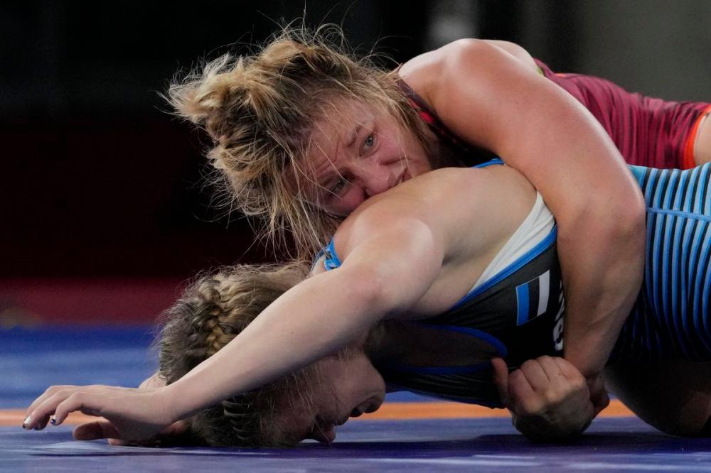 Aaron Favila - AP
Canada's Erica Elizabeth Wiebe, right, and Estonia's Epp Maee compete during the women's 76-kg freestyle wrestling match at the Tokyo Olympics on Sunday.