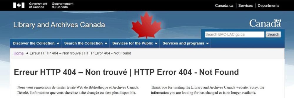 An error message appears on the web page that formerly hosted the biography of John A. Macdonald on the Library and Archives Canada website.