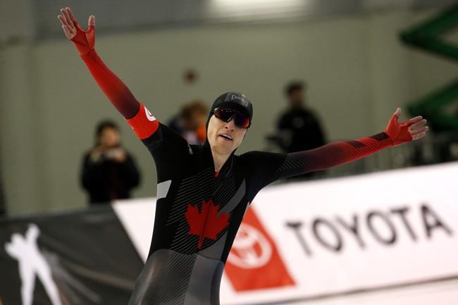 Canada's Graeme Fish celebrates after the men's 10,000 meters during the world single distances speedskating championships Friday, Feb. 14, 2020, in Kearns, Utah. (AP Photo/Rick Bowmer)