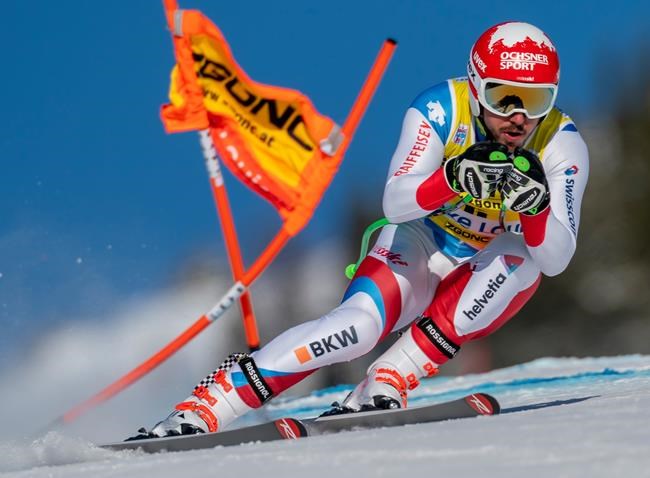 Carlo Janka of Switzerland skis on the Upper Wiwaxy portion of the course during a training run for the men's World Cup downhill ski race in Lake Louise, Alta., on Friday, Nov. 29, 2019. THE CANADIAN PRESS/Frank Gunn