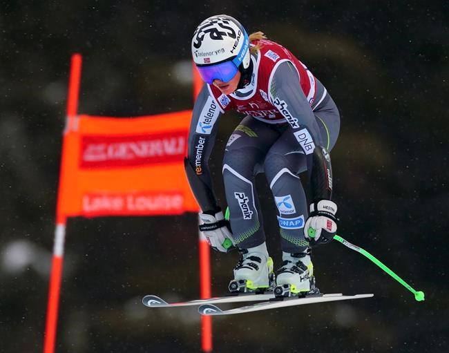 Kajsa Vickhoff Lie, of Norway, races down the course during the first training run for the women's World Cup downhill ski race in Lake Louise, Alta., Tuesday, Dec. 3, 2019. THE CANADIAN PRESS/Frank Gunn