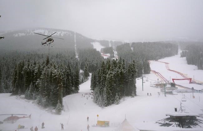 Snow covers the race course causing the cancellation of the second training run for the women's World Cup downhill ski race in Lake Louise, Alta., on Wednesday, December 4, 2019. THE CANADIAN PRESS/Frank Gunn