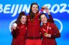 Elsa - GETTY IMAGES
Gold medallists Ivanie Blondin, Isabelle Weidemann and Valerie Maltais of Team Canada pose with their medals Tuesday in Beijing.