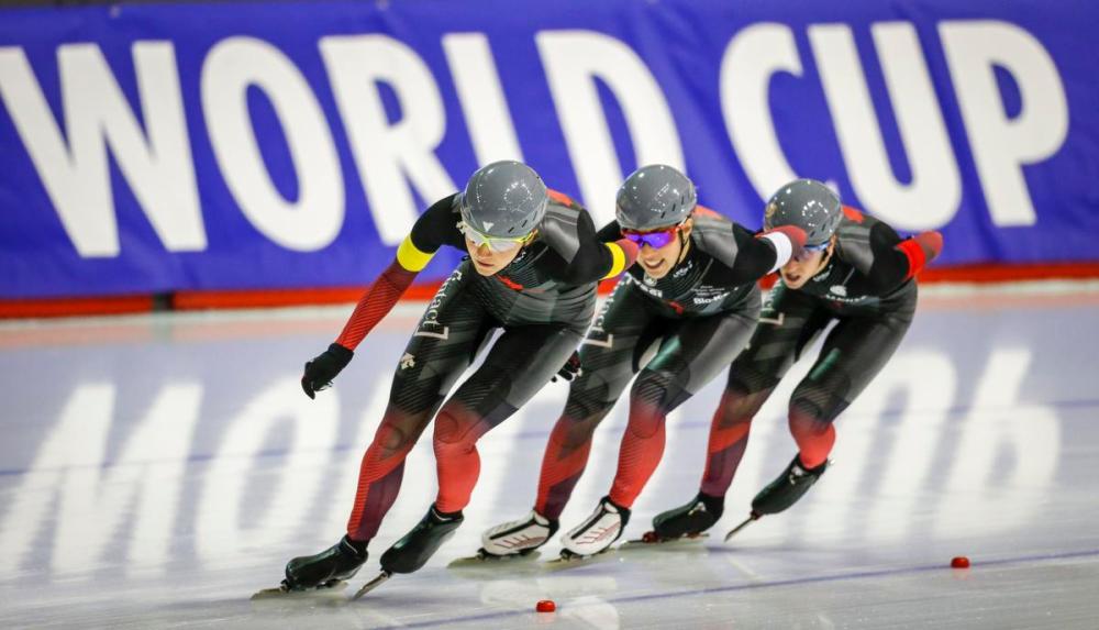 Jeff McIntosh - THE CANADIAN PRESS
Canada's Isabelle Weidemann, left to right, leads teammates Valerie Maltais, and Ivanie Blondin to victory during the women's team pursuit at a World Cup speed skating event in Calgary on Dec. 11.