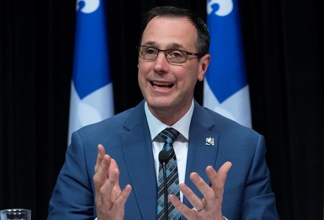 Quebec Education Minister Jean-Francois Roberge speaks at a news conference on the COVID-19 pandemic, Monday, April 27, 2020 at the legislature in Quebec City. THE CANADIAN PRESS/Jacques Boissinot