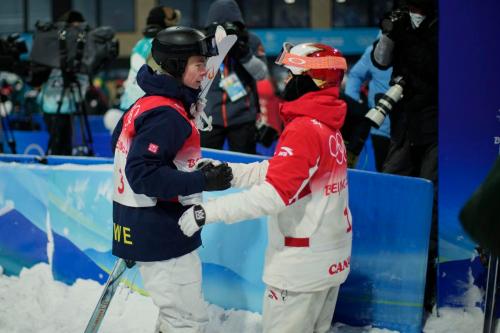 Francisco Seco - AP
Sweden's Walter Wallberg, left, and Canada's Mikael Kingsbury congratulate each other after the men's moguls finals at Genting Snow Park at the 2022 Winter Olympics, Saturday, Feb. 5, 2022, in Zhangjiakou, China.