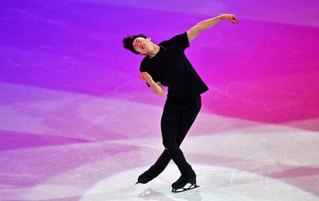 World Champion Nathan Chen of the USA performs during the Gala Exhibition at the Figure Skating World Championships in Stockholm, Sweden, Sunday, March 28, 2021. (AP Photo/Martin Meissner)