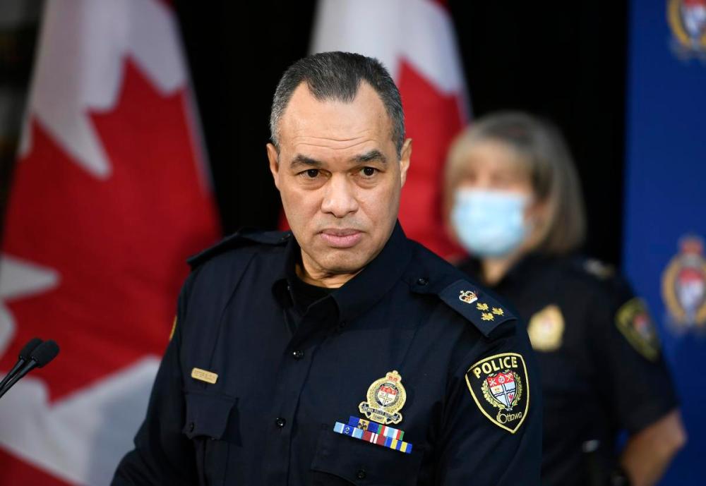 Justin Tang - THE CANADIAN PRESS
Ottawa police Chief Peter Sloly listens to a question at a news conference on updated enforcement measures as a protest against COVID-19 restrictions on Feb. 4, 2022.
