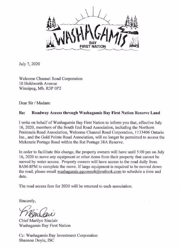 The letter from the Washagamis Bay First Nation regarding road access.