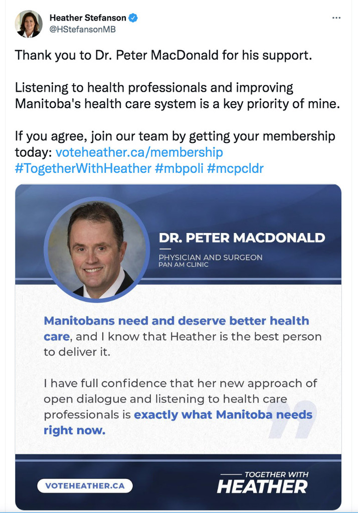 Heather Stefanson's tweet acknowledging the support of Dr. Peter MacDonald posted Sept. 27, 2021, prior to her becoming premier. (Twitter)