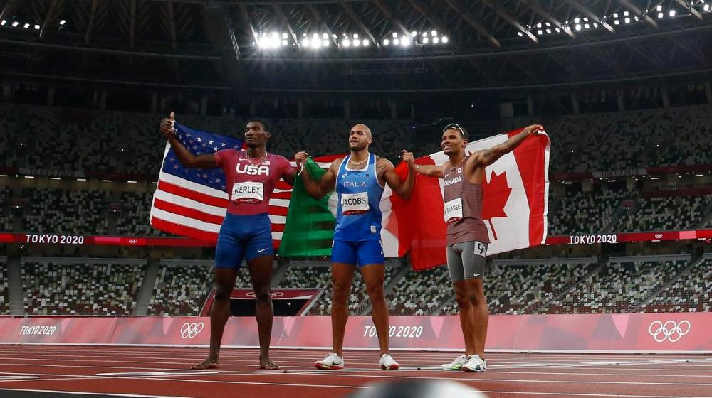 Rick Madonik - Toronto Star
Silver medallist USA's Fred Kerley, gold medallist Italy's Lamont Marcell Jacobs and bronze medallist Canada's Andre De Grasse celebrate after the men's 100-metre final.