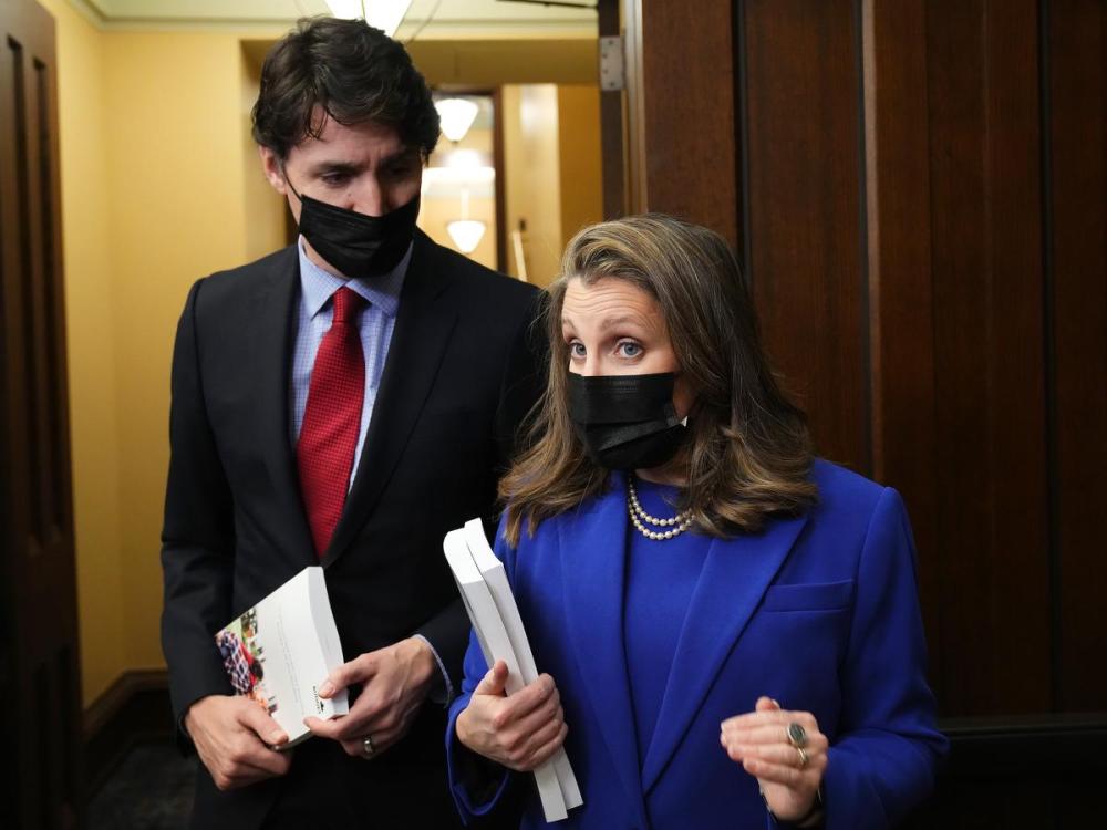 Sean Kilpatrick - THE CANADIAN PRESS
Finance Minister and Deputy Prime Minister Chrystia Freeland and Prime Minister Justin Trudeau hold copies of budget documents as they speak to media before the release of the federal budget, on Parliament Hill, in Ottawa on April 7, 2022.