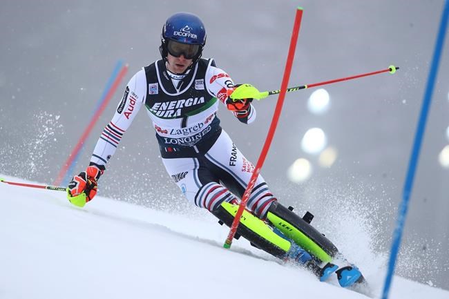 France's Clement Noel speeds down the course during an alpine ski, men's World Cup slalom in Zagreb, Croatia, Wednesday, Jan. 6, 2021. (AP Photo/Marco Trovati)
