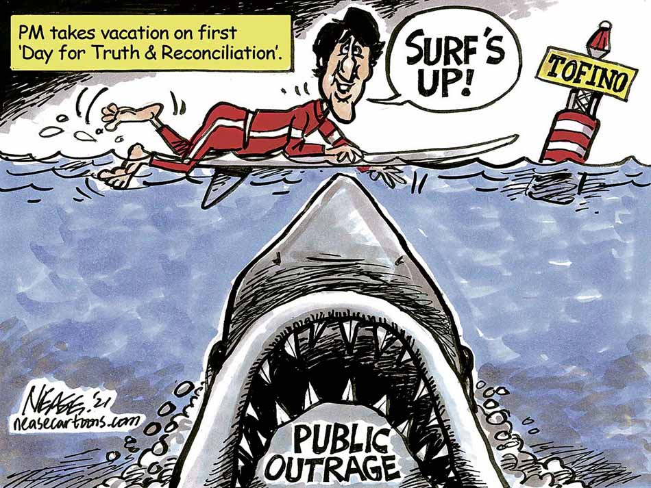 On the first Day for Truth and Reconciliation, Prime Minister Justin Trudeau is conspicuously absent from many official events, and it is later revealed he was on vacation. (Steve Nease)