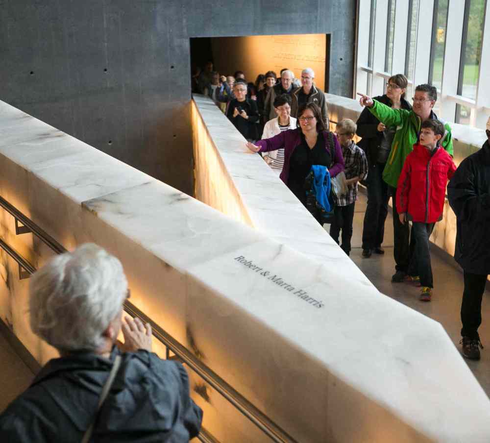 Melissa Tait / Winnipeg Free Press
A preview group's first glance of the alabaster ramps between galleries at the Canadian Museum for Human Rights on Saturday. Thousands had reserved tickets for the four gallery preview tour on Saturday and Sunday. That is only four of 11 galleries, the rest of which open Sept. 27.