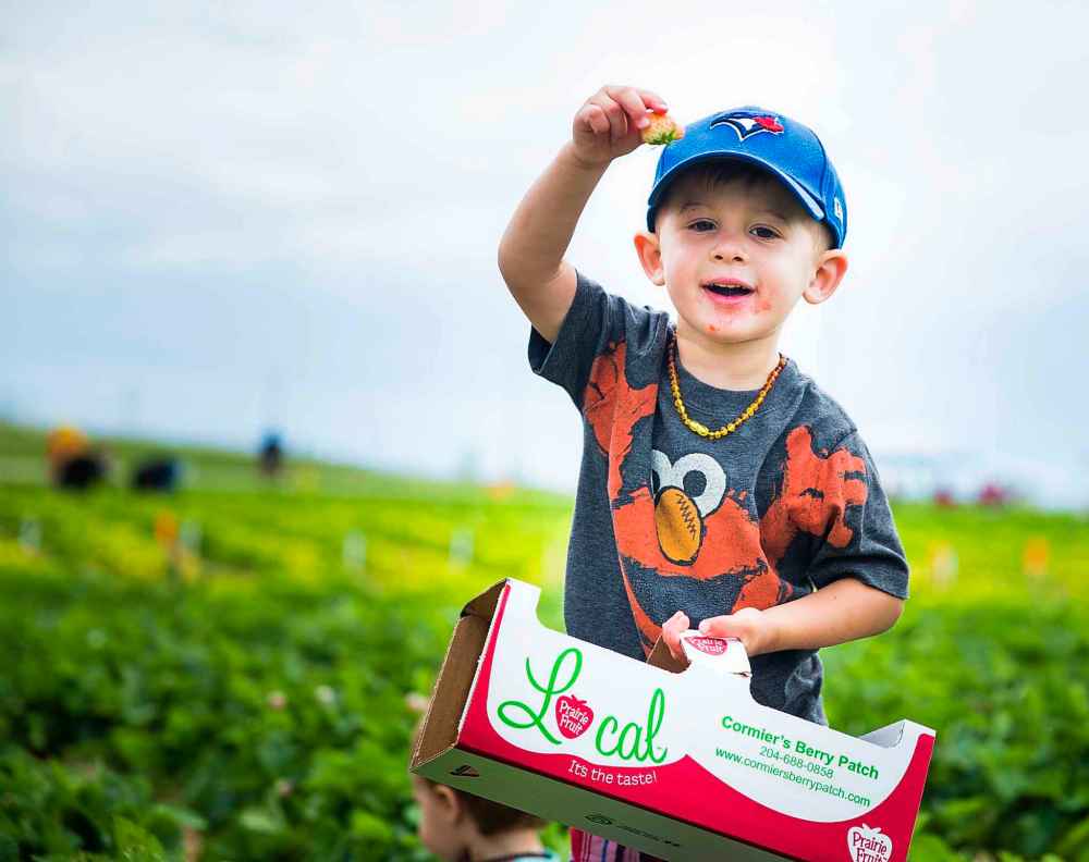 Karsten Mitchell shows off a strawberry.