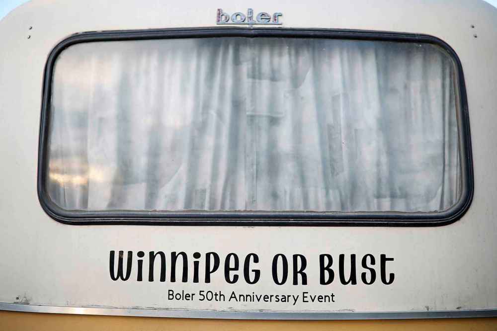 Shaun and Nicole Conkle's Boler camper is decorated for the Boler 50th Anniversary. (Tim Smith / The Brandon Sun)